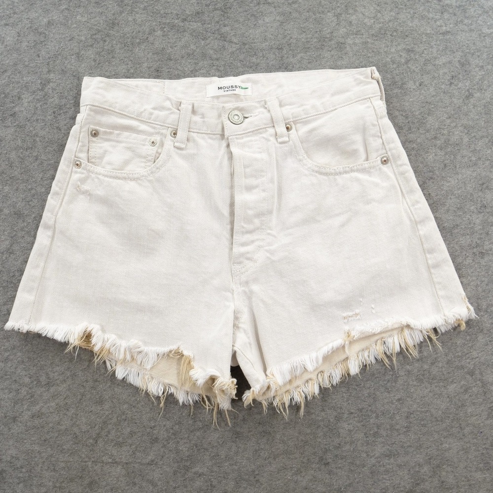 Moussy Vintage Shorts Womens 26 Beige Selvedge High Rise Raw Hem Denim Japan
